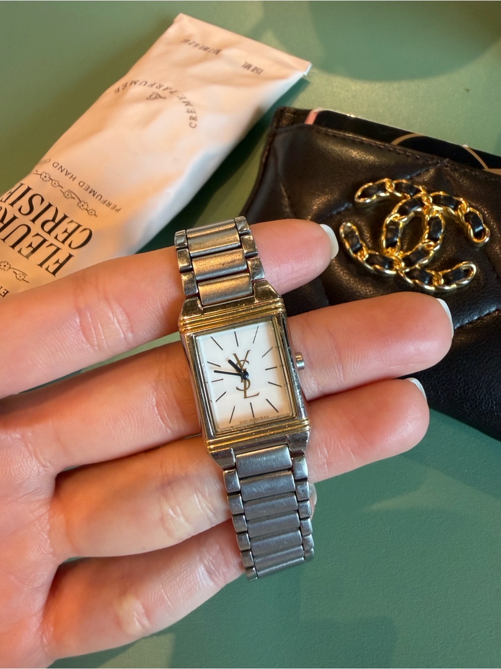 Yves Saint Laurent Silver Rectangular Stainless Steel Watch with White Dial